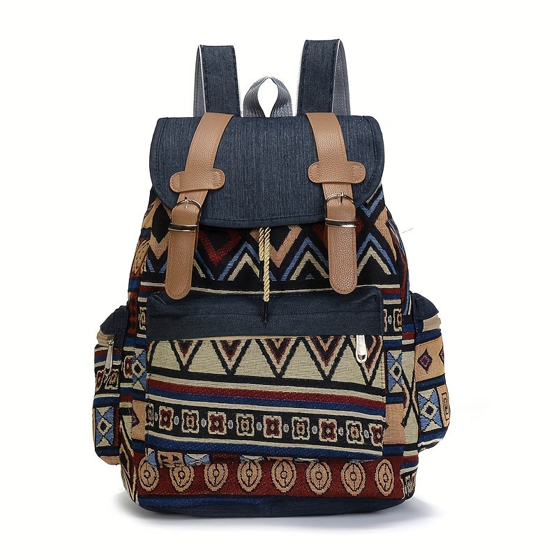 Women's Denim Backpack with Geometric Tribal Pattern Adjustable Straps Large Capacity Blue Brown