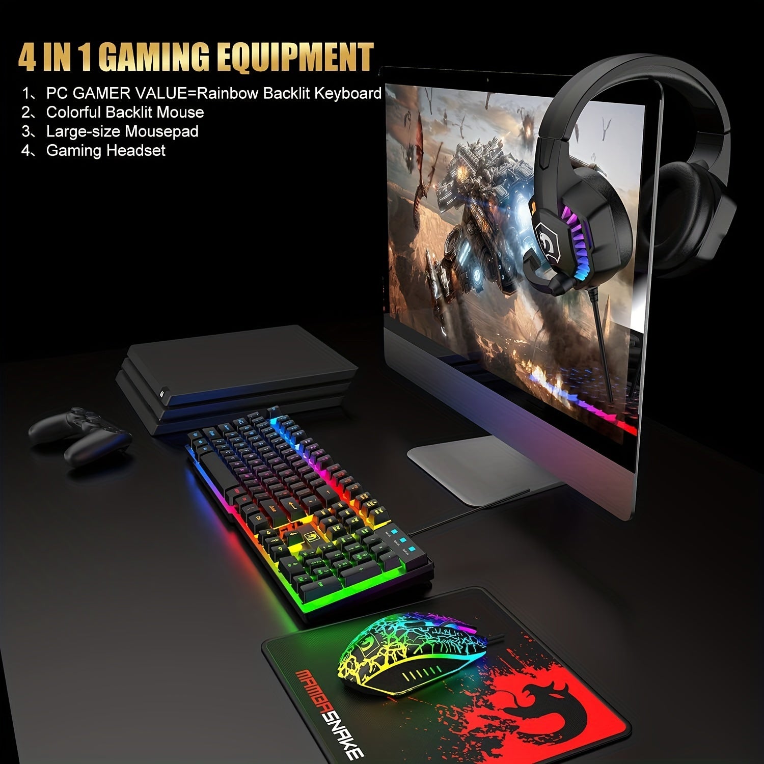 Wired Gaming Keyboard and Mouse Set with Rainbow LED Backlit and Headset for PC and Console