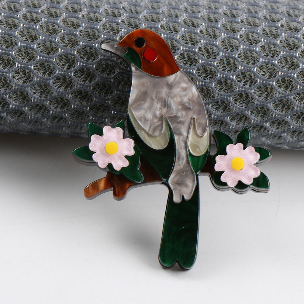 Vintage Inspired Bird Brooch Pin with Acrylic and Enamel Detailing