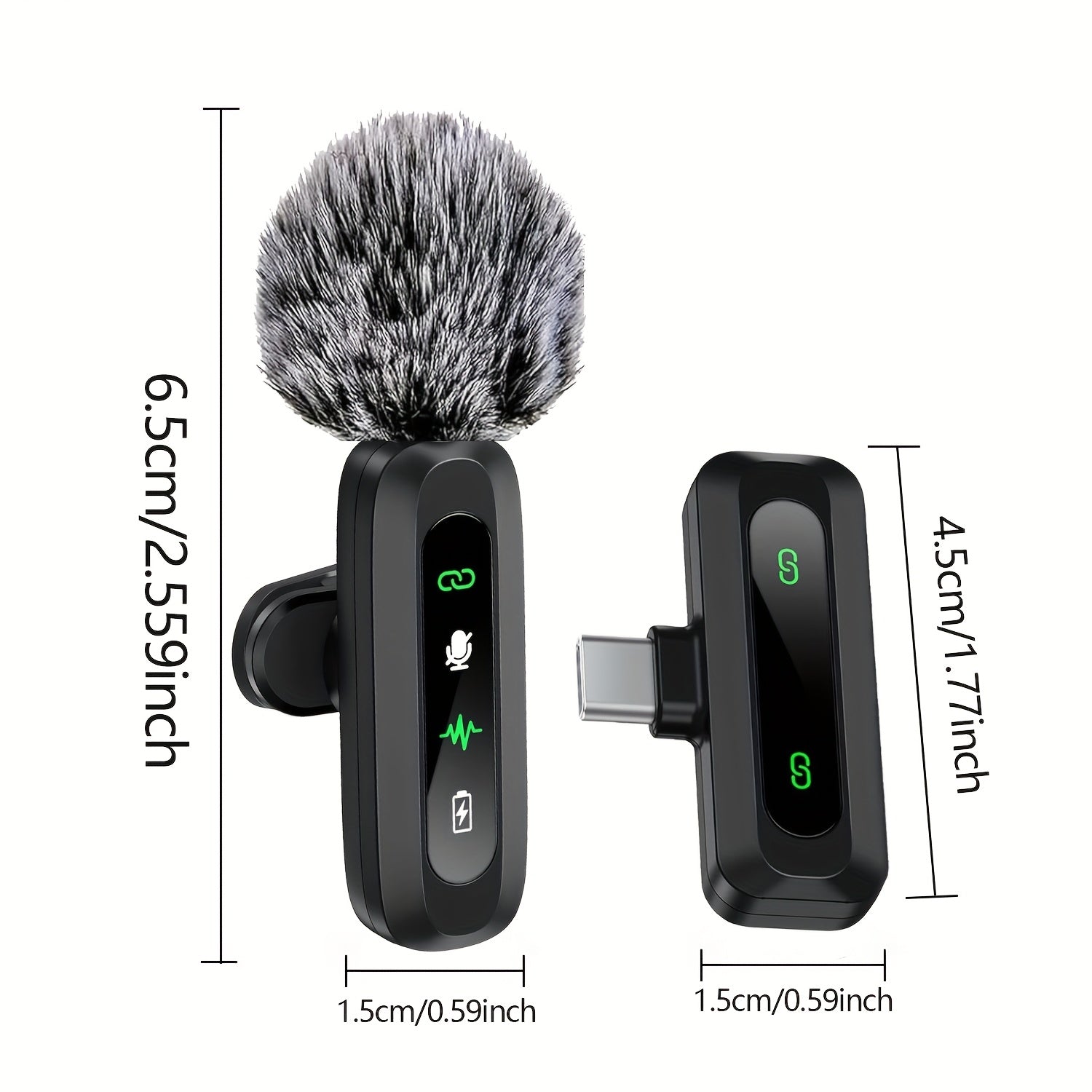 Wireless Clip-On Microphone with One-Click Recording USB-C Charging and Battery Indicator