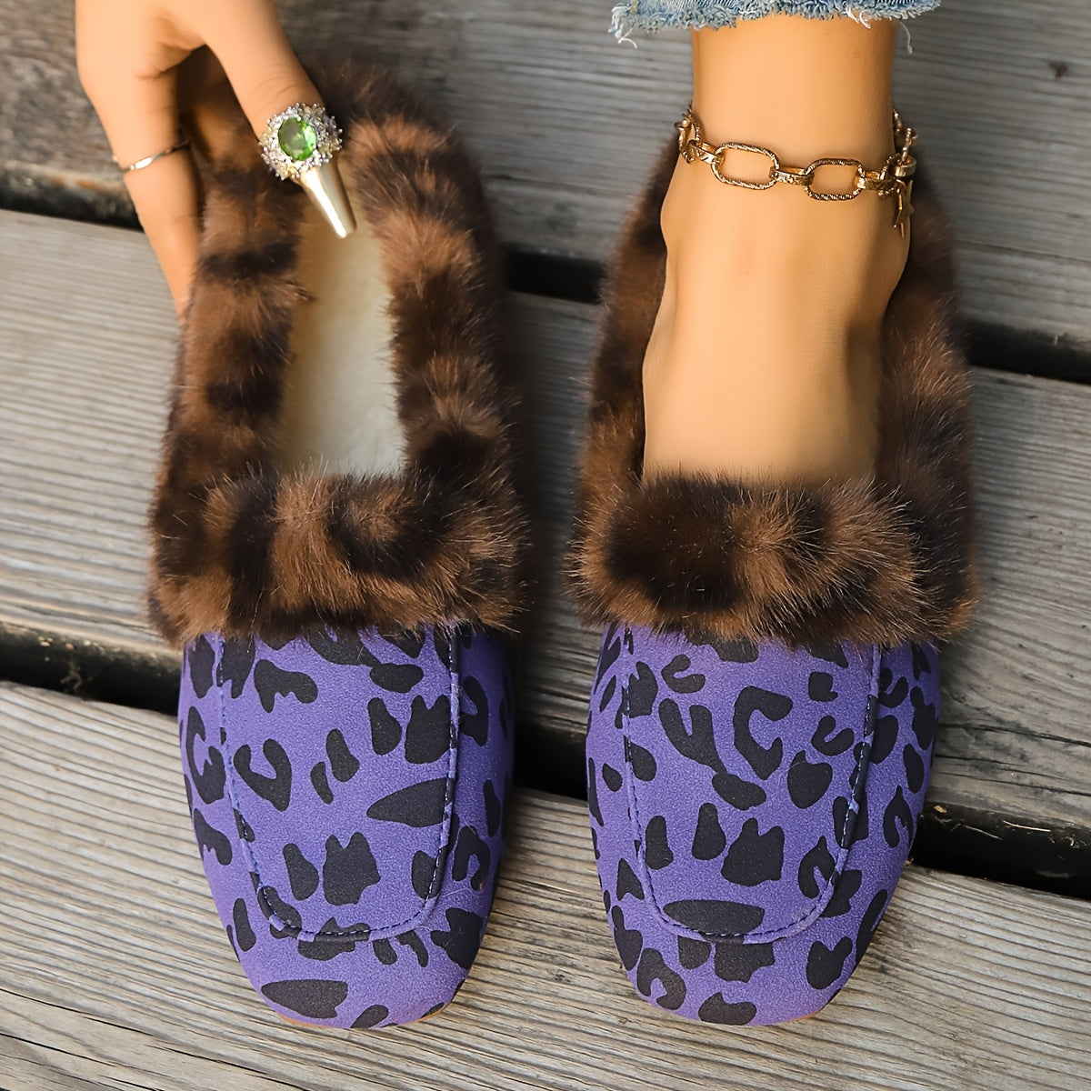 Women’s Leopard Print Plush Slippers Warm Faux Fur Indoor Shoes
