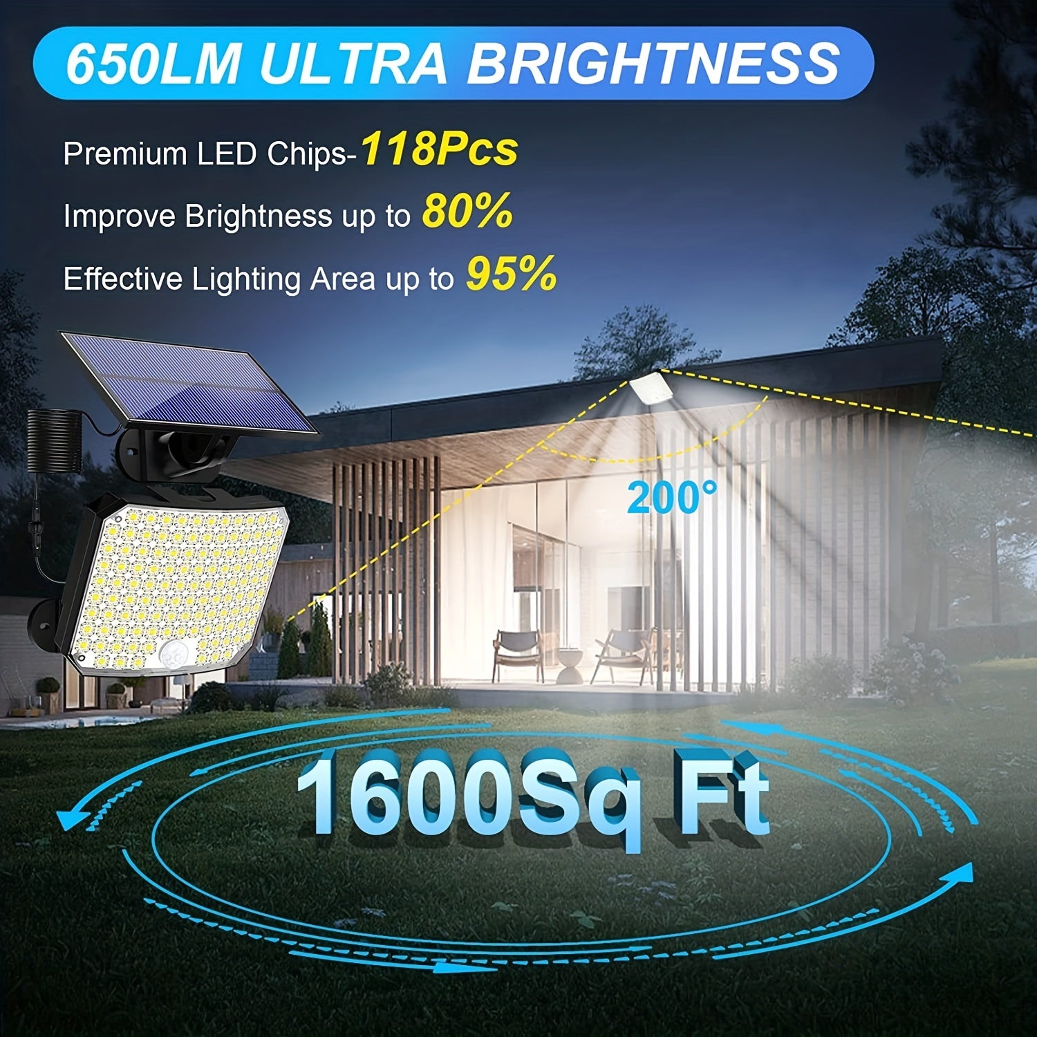 118 LED Solar Motion Sensor Flood Light with Remote Control 5.03m Cable Outdoor Security