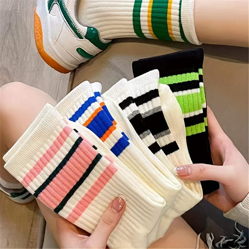 Women's Breathable Striped Mid Tube Socks 5 Pairs Knee-High Knit Polyester