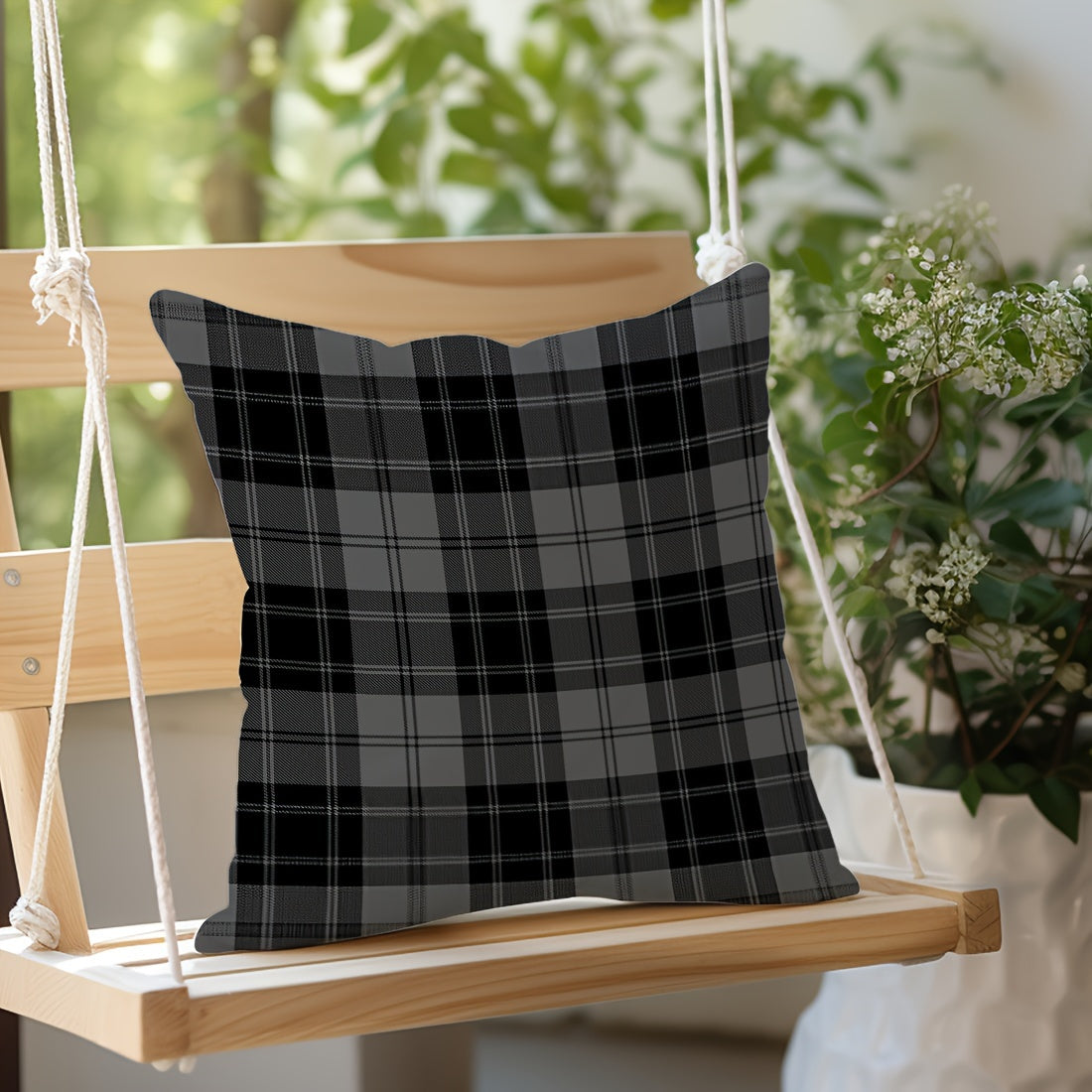 Grey and Black Plaid Velvet Throw Pillow Cover 45.72cm Zipper Machine Washable