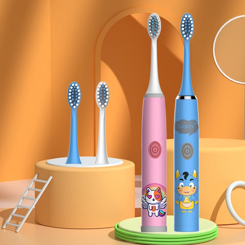 Электрическая зубная щетка для детей с 4 насадками, мягкая щетина, работает на батарейках