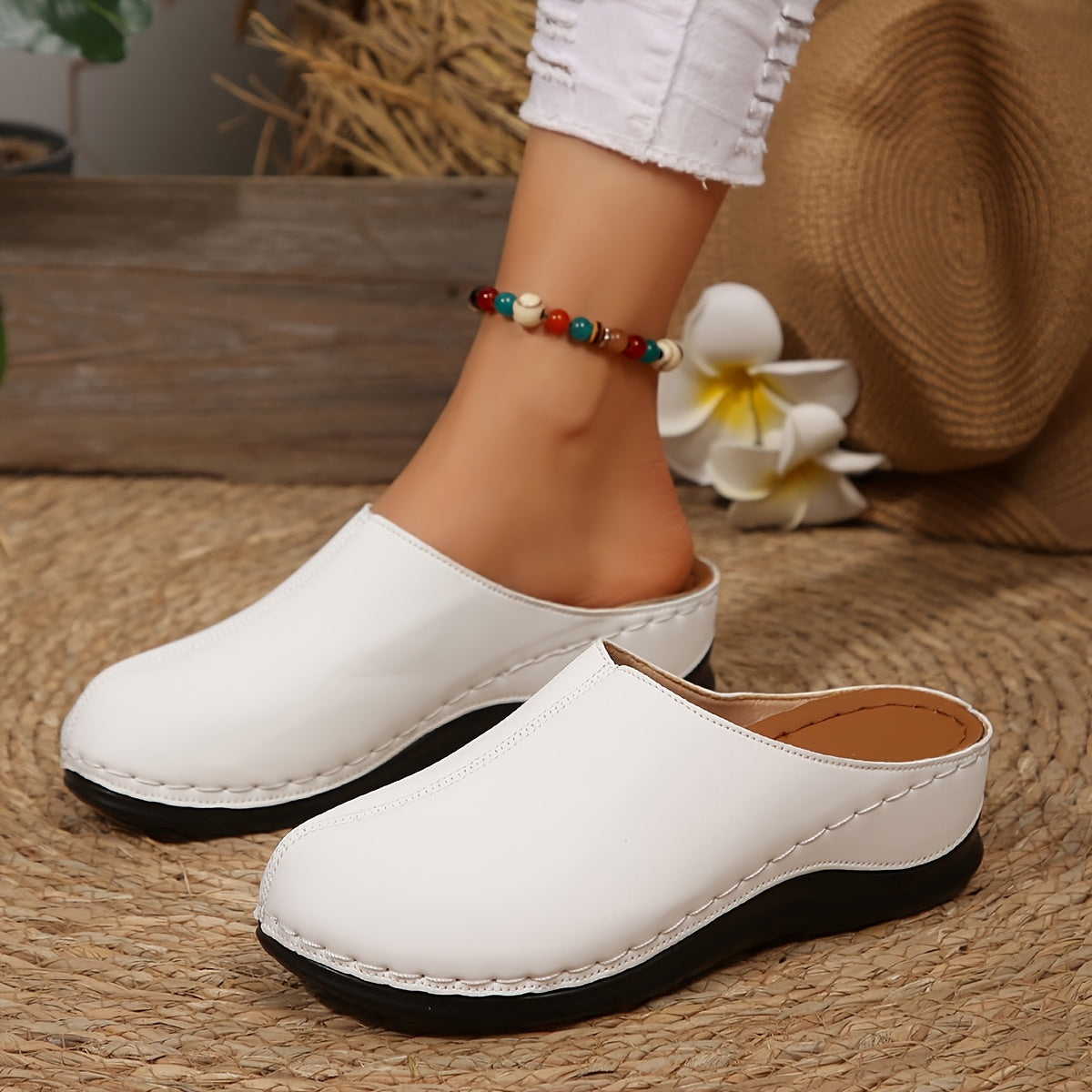 Women's Summer Slip-On Mules White Synthetic Rubber Sole Breathable Comfort