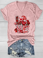 Women's V-Neck T-Shirt Summer Casual Loose Fit Top Polyester Rayon Blend with Love Heart & Roses