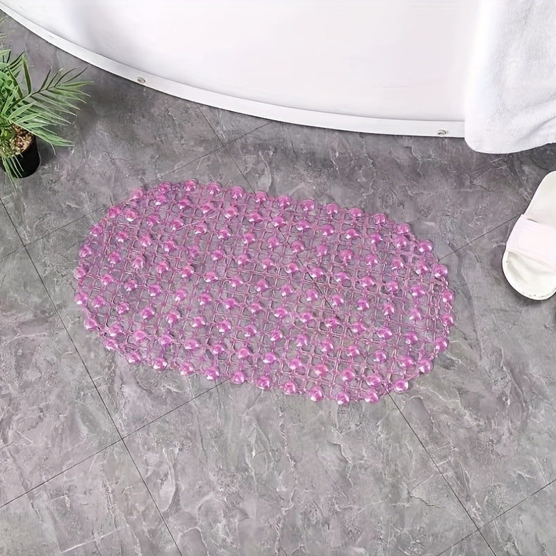 Blue PVC Oval Non-Slip Bath Mat Water Bead Design Soft Comfortable Hand Washable