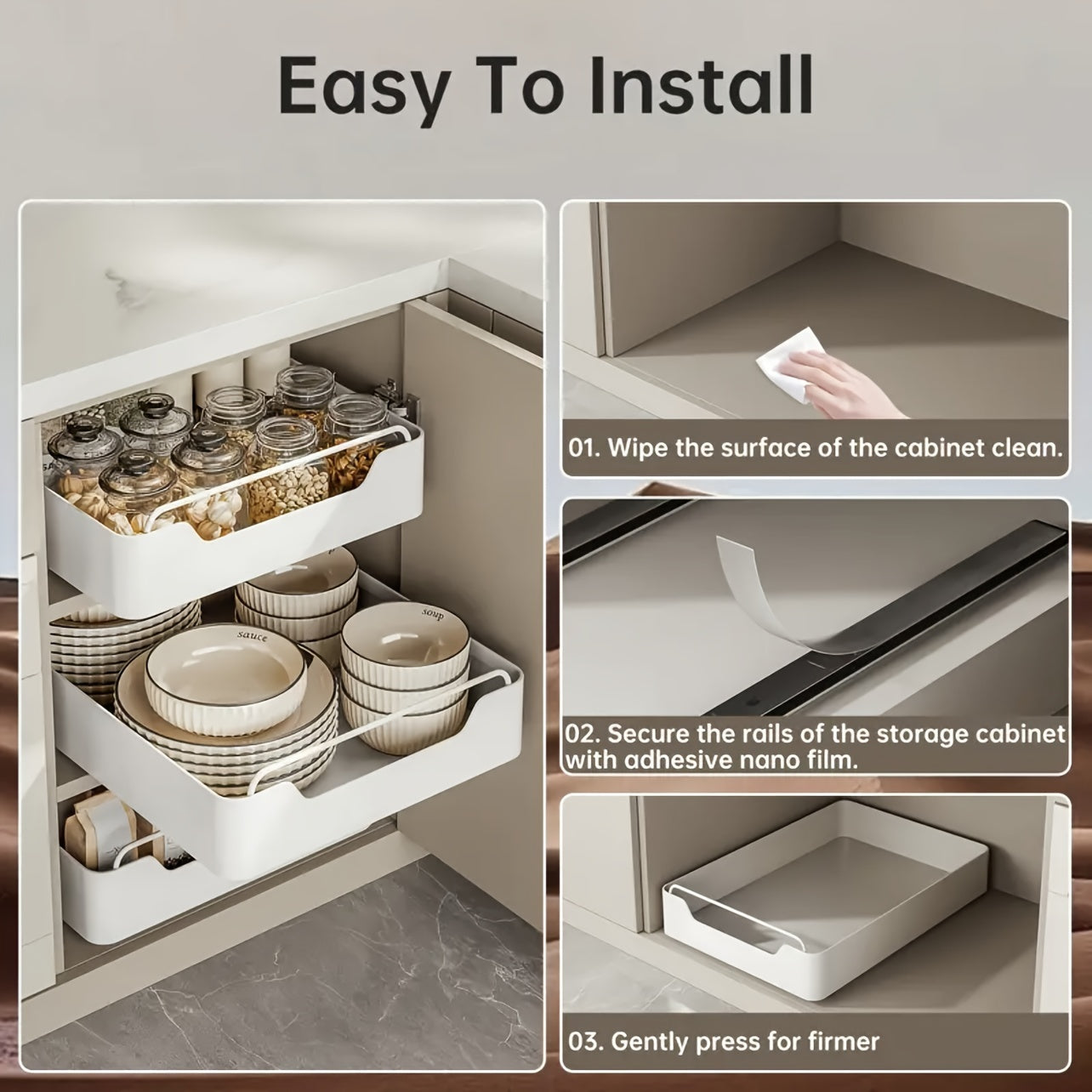 Pull-Out Kitchen Organizer White Carbon Steel Under Sink Storage Drawer for Spices and Utensils