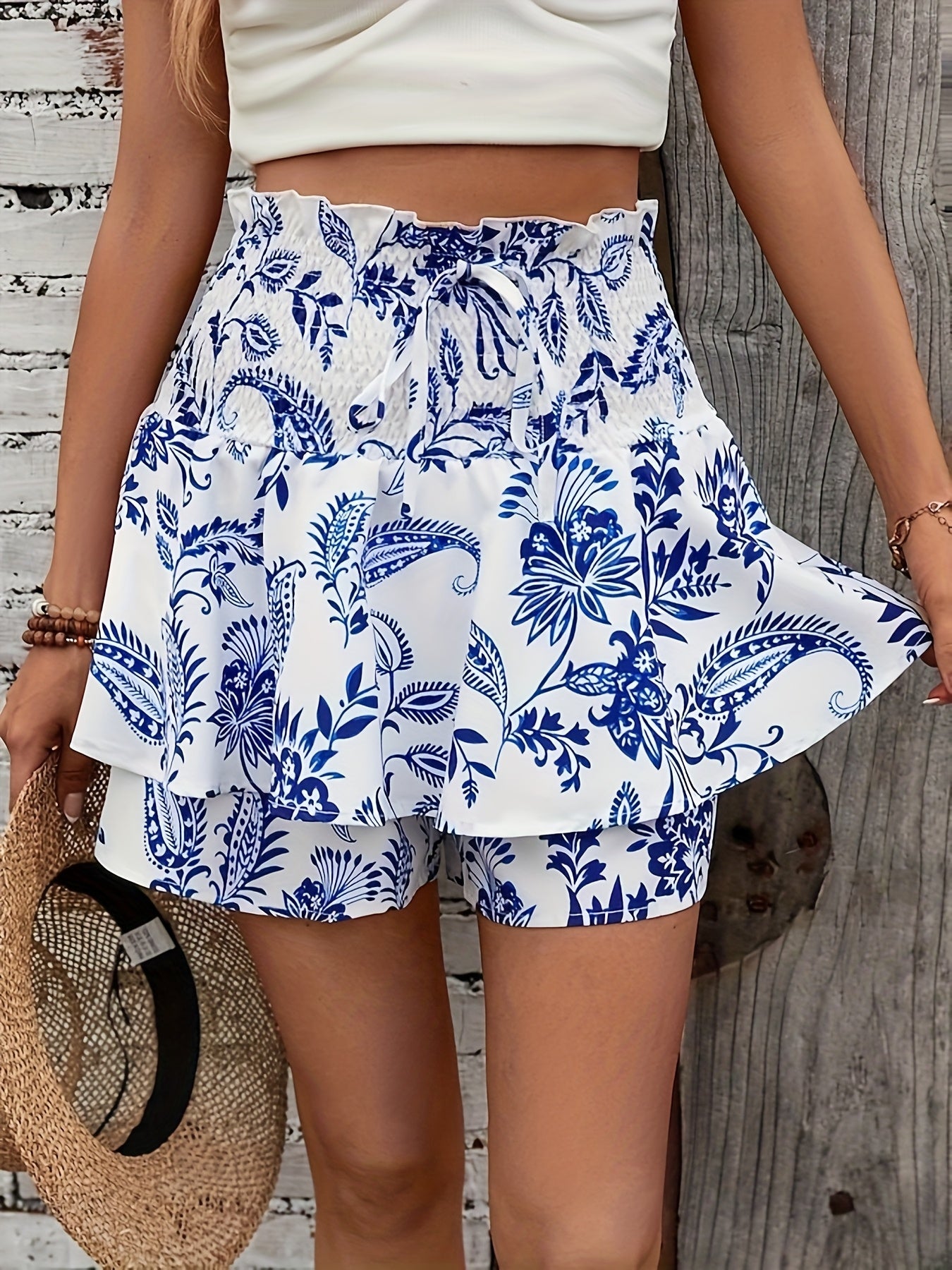 Women's Blue Floral High-Waisted Ruffle Shorts for Summer Casual Wear