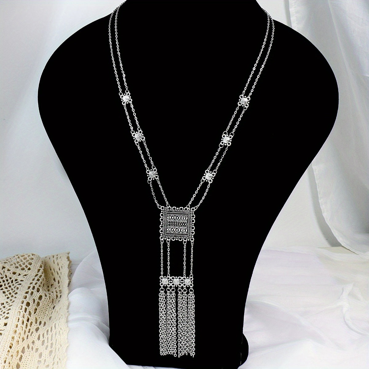 Women's Long Pendant Necklace with Rectangular Pendant and Chain Tassels