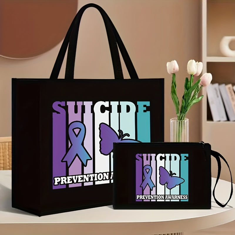 2-Piece Canvas Tote Bag and Wallet Set with Butterfly Floral Print Black