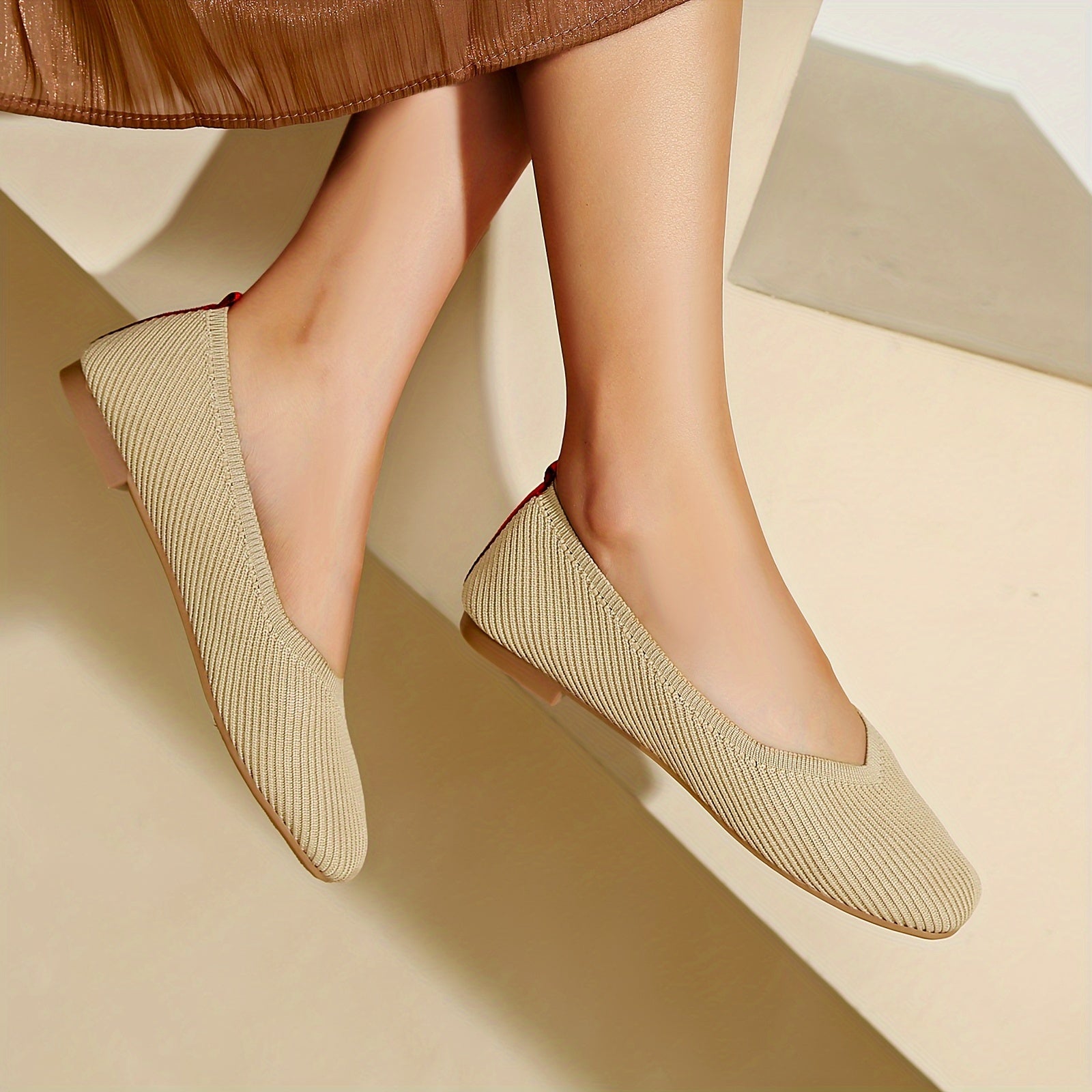 Women's Breathable Square Toe Knitted Flats with Slip-On Style