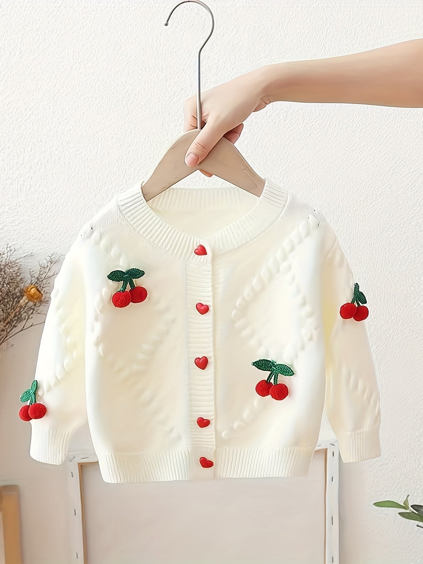 Girls Baby Sweater Jacket Autumn Winter Cherry Pattern Knit Crew Neck 0-3 Years