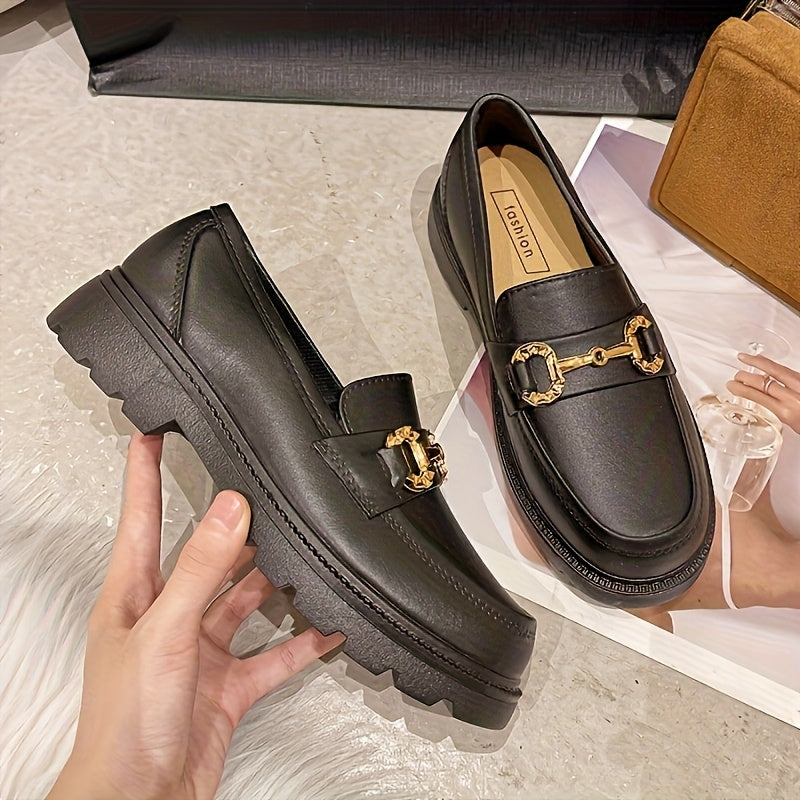 Women's Black Leather Loafers Slip-On Shoes with Metal Buckle