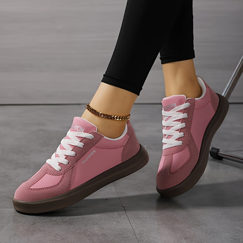 Women's Lightweight Breathable Casual Sneakers Low-Top Lace-Up Skate Shoes Pink White