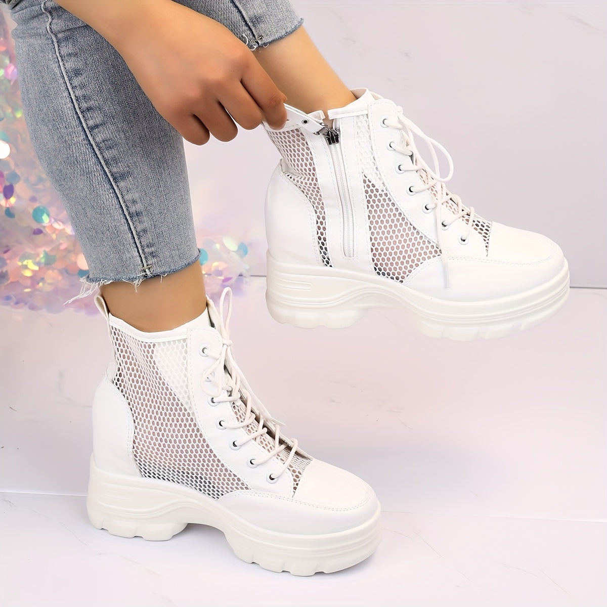 Women's Mesh Summer High Heel Booties with Side Zipper and Hollow Design