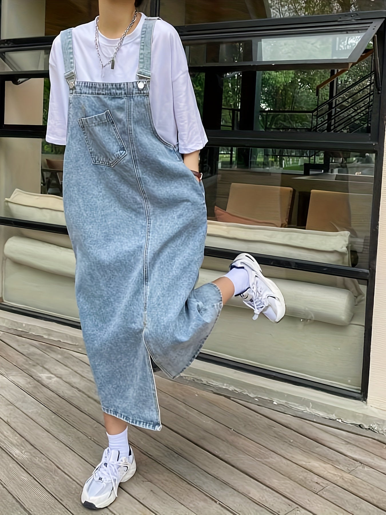 Ko'k sozlanadigan tasma denim overall ko'ylak, ayollar uchun tasodifiy retro uslubi.