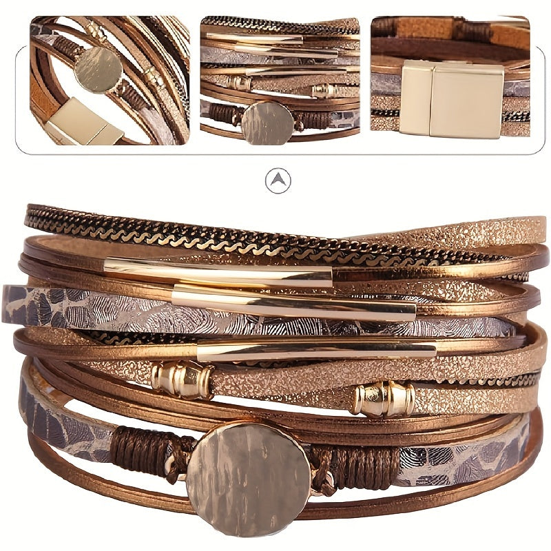 Women's Boho Leather Wrap Bracelet with Synthetic Stones and Gold-Tone Accents
