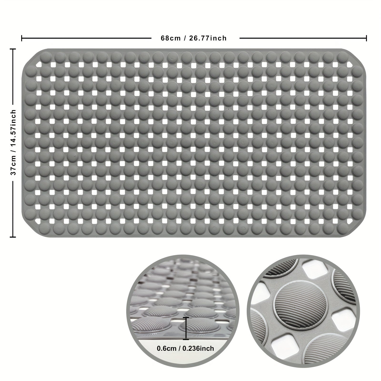 Alfombra antideslizante para bañera de PVC gris claro con ventosas y orificios de drenaje