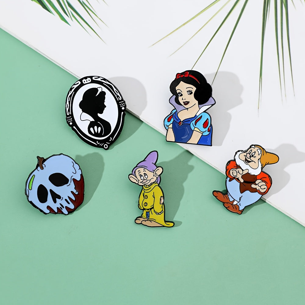 Set of 5 Enamel Pins Snow White and Dwarfs Brooches Alloy Metal for Clothing and Backpacks