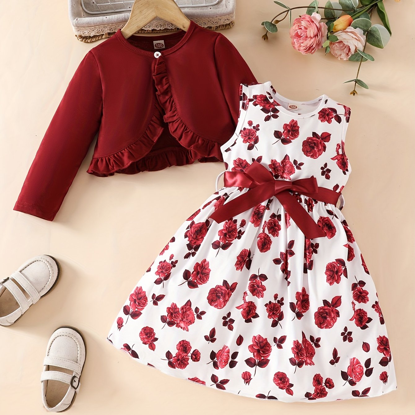 Girls' Floral Lace Jacket and Sleeveless Dress Set for Outdoor Wear