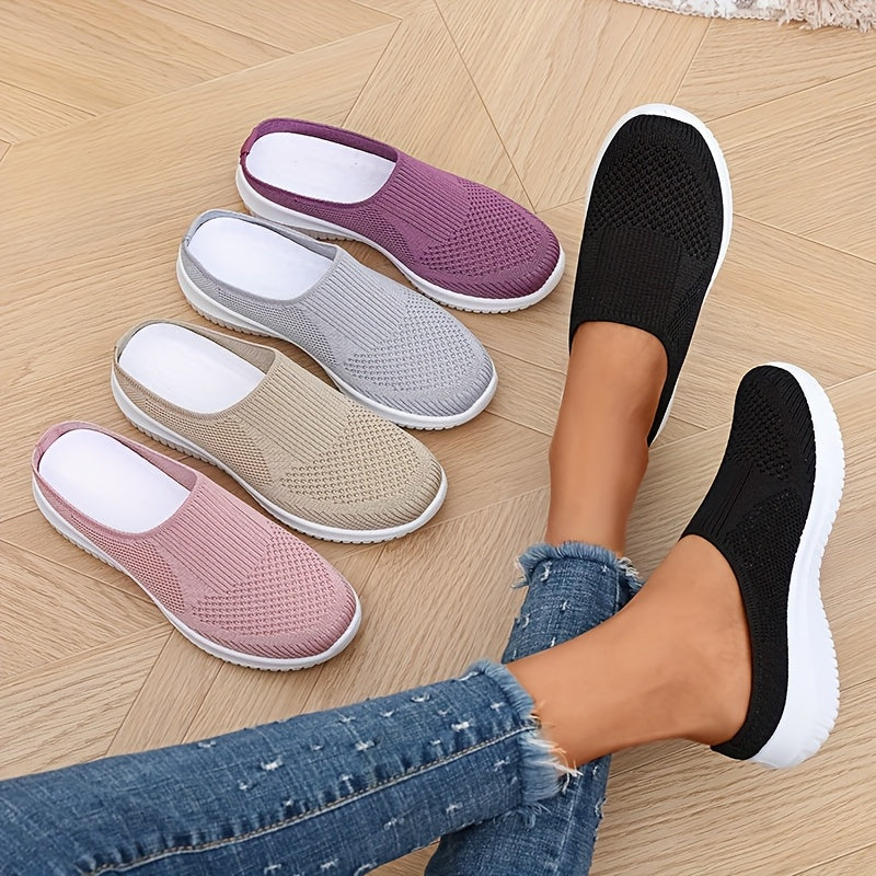 Women's Breathable Knit Mules - Slip-On Casual Shoes, Flat Shoes for Outdoor and All-Season Wear