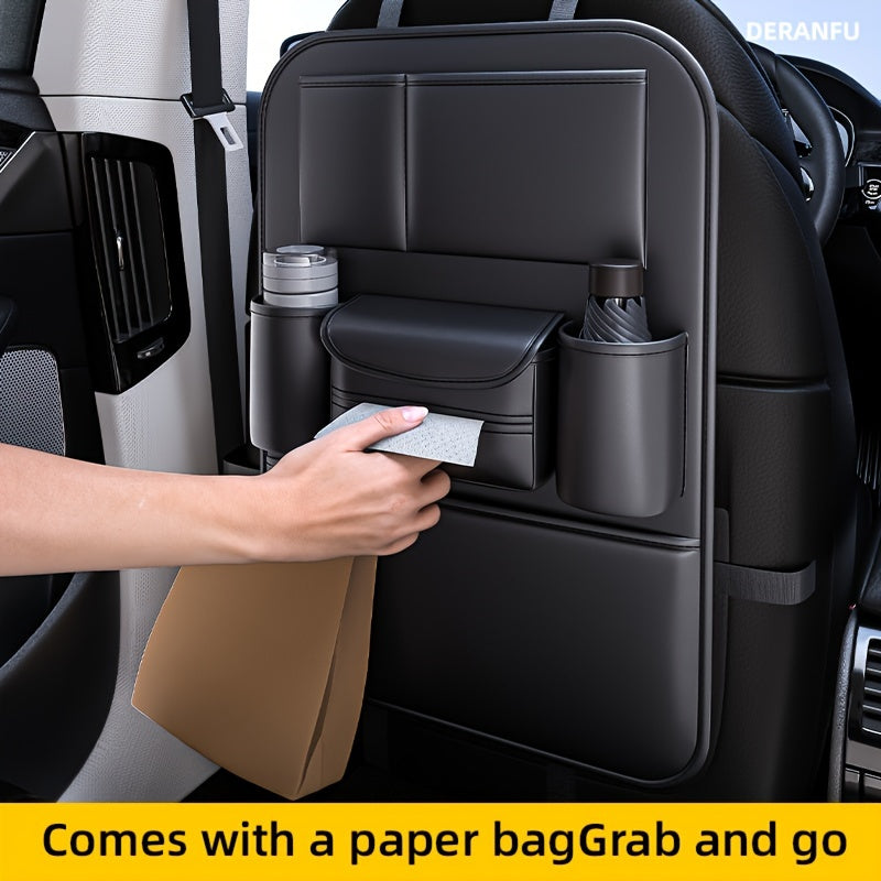 Organizador de respaldo para asiento de coche con bolsillos de malla de cuero, almacenamiento, negro, con múltiples compartimentos