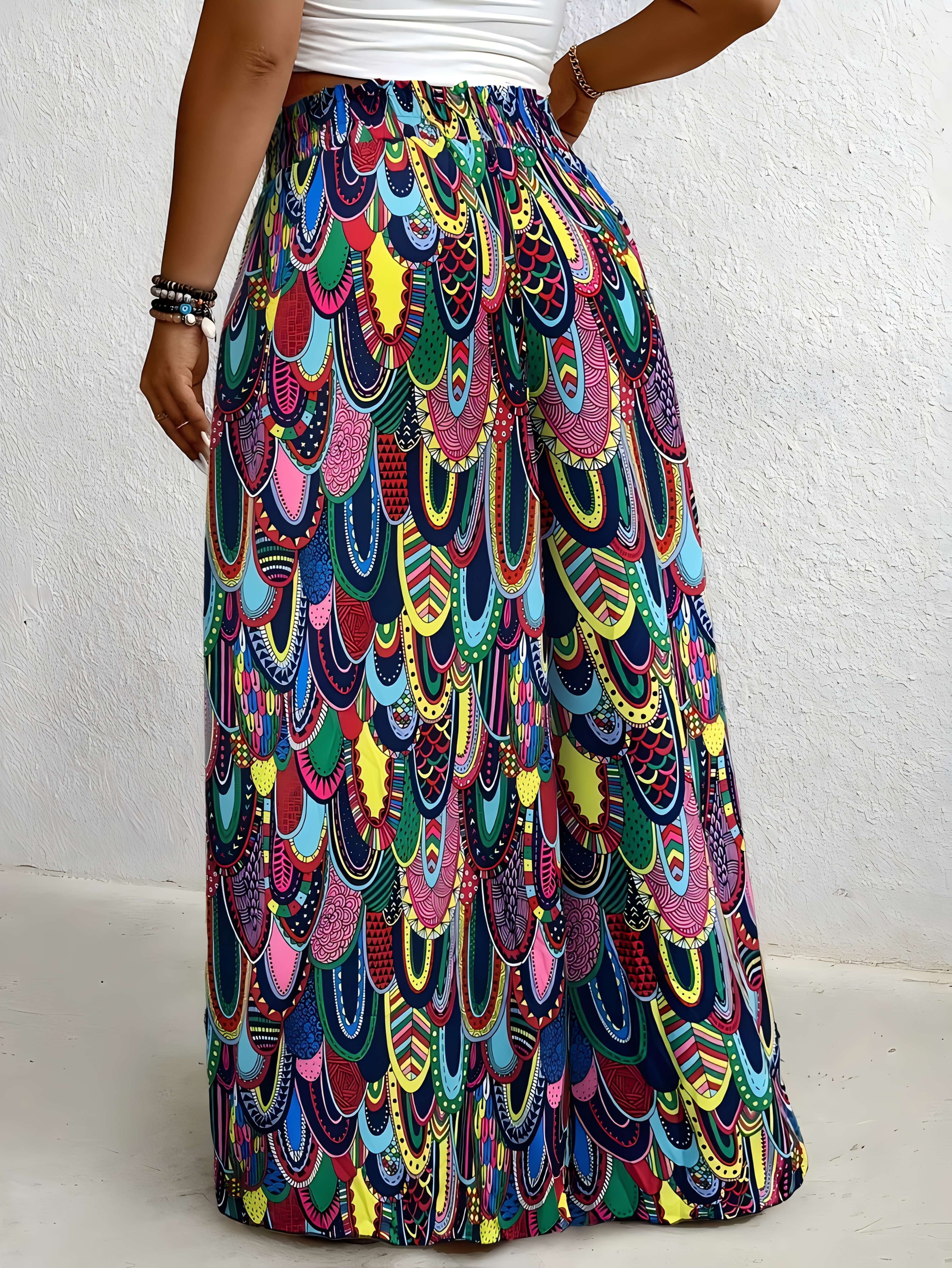 Plus Size Women's Tropical Print Wide-Leg Pants Elastic Waist Beach Vacation Non-Stretch Fabric