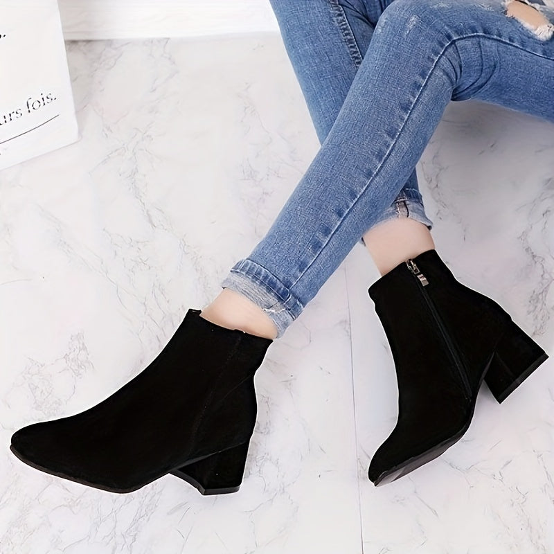 Women's Solid Color Block Heeled Ankle Boots Side Zipper Short Shoes