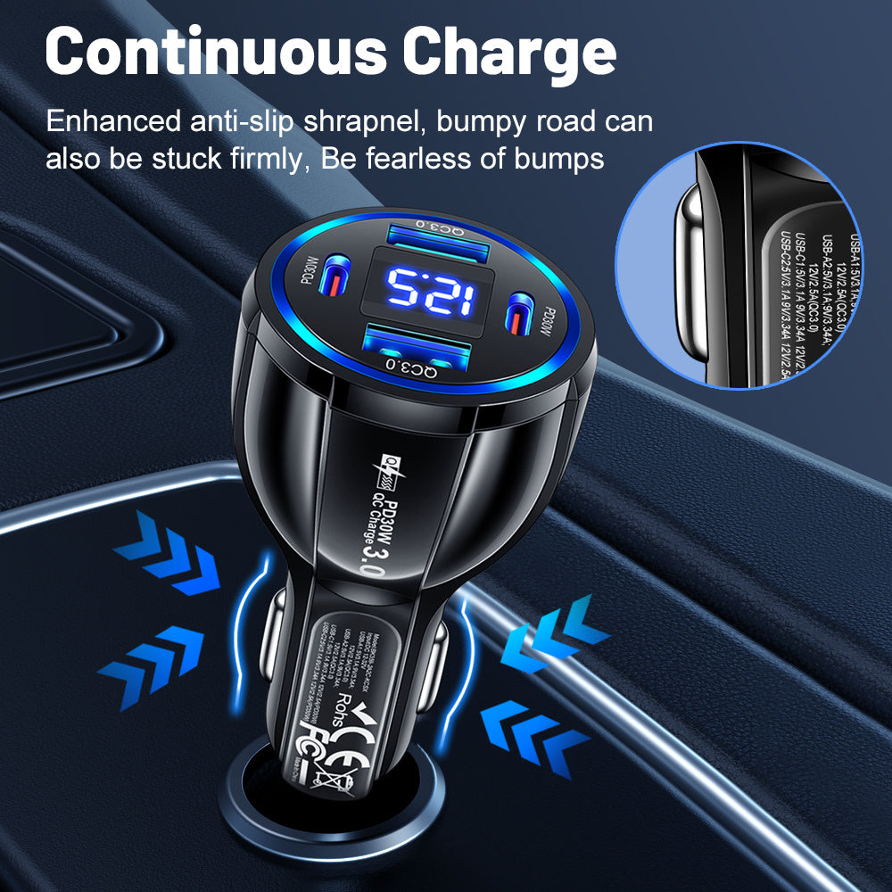 60W Car Charger with Digital Display USB QC3.0 and Type-C PD30W Fast Charging