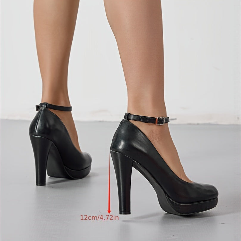 Women Solid Color Round Toe Mary Jane Pumps Breathable Ankle Strap Block Heel