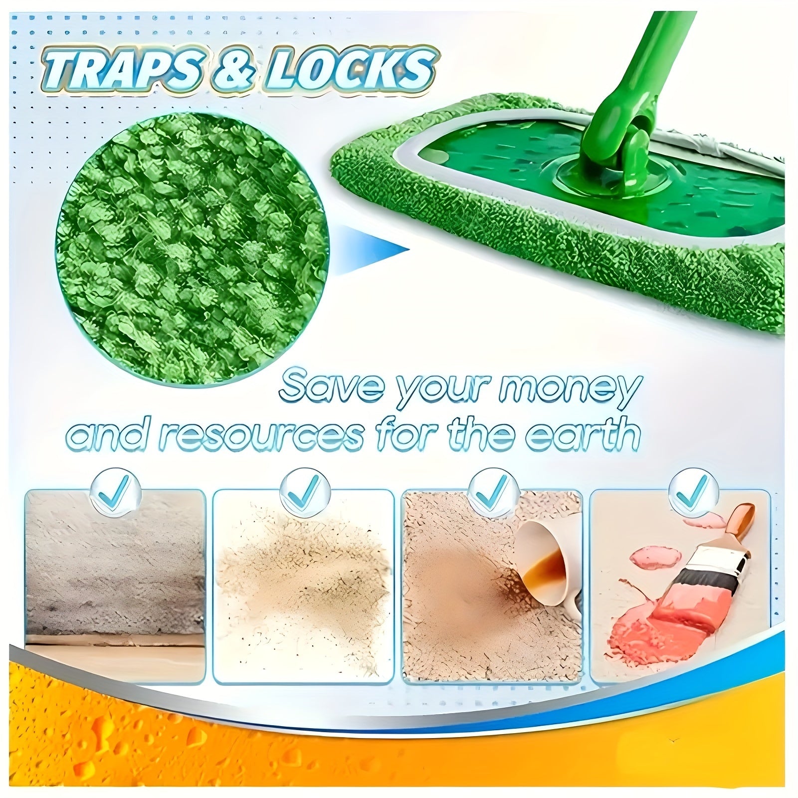 To'rt dona yuqori singdiruvchi mikroto'qima mopa yostiqlari qayta ishlatiladigan, yuviladigan va uzoq muddatli. Ushbu tekis pol matolari tozalashni quruq va nam foydalanish bilan osonlashtiradi.