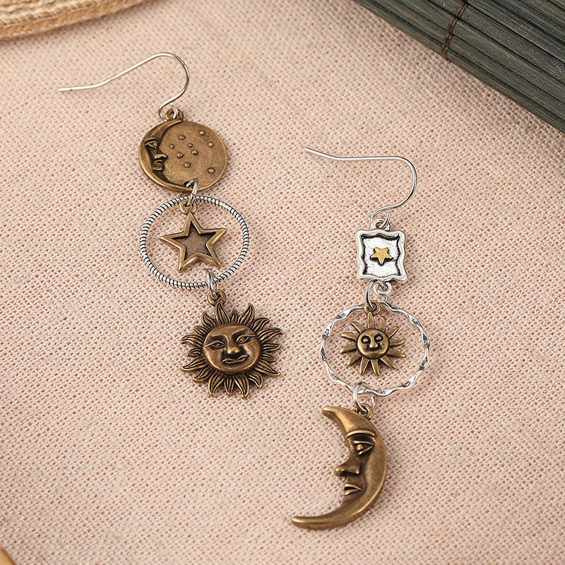 Boho-Chic Antique Bronze Earrings with Star Moon Sun Dangles for Women
