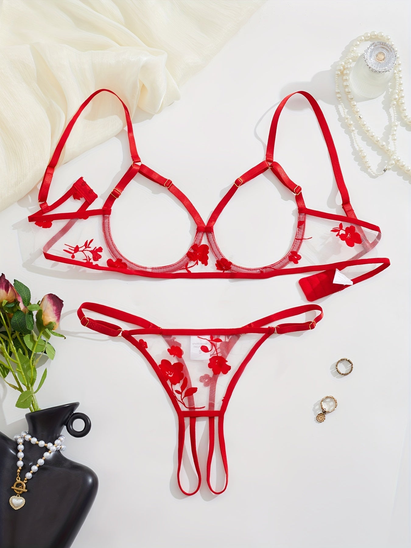 Women's Sheer Mesh Lingerie Set with Open Crotch