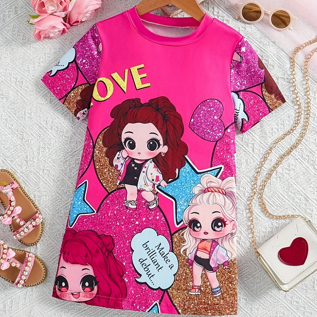 Girls' Pink Cartoon Dress with "LOVE" Print, Polyester Blend, Spring Summer Fall