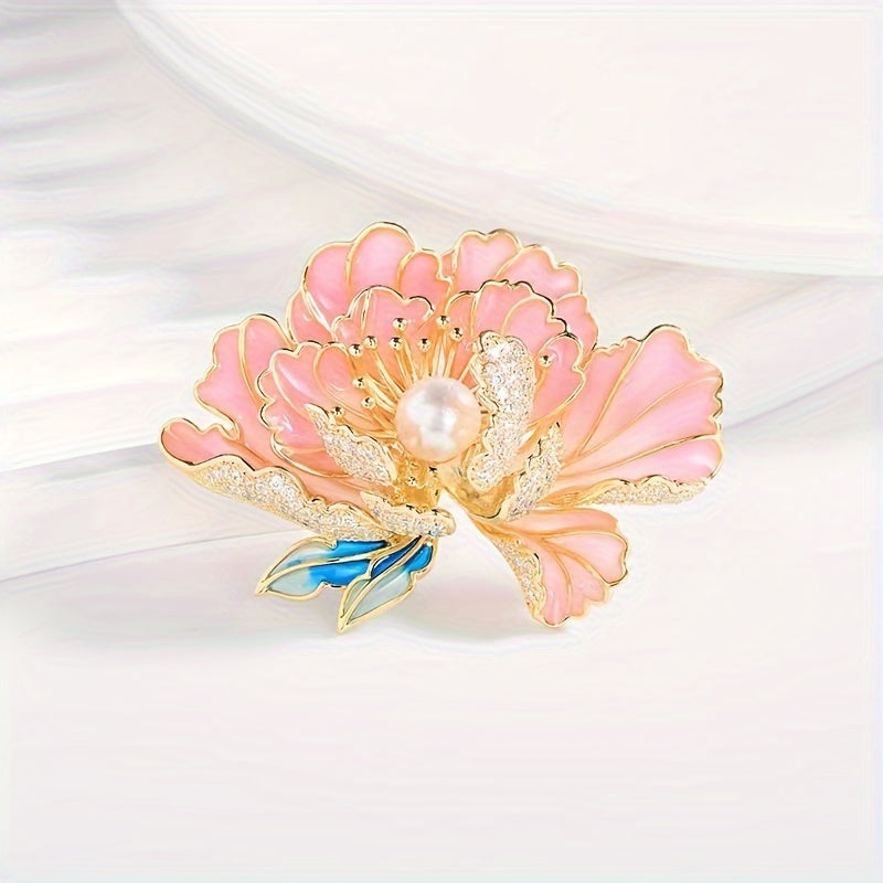 Vintage Enamel Lotus Flower Brooch Faux Pearl Cloisonné Elegant Jewelry