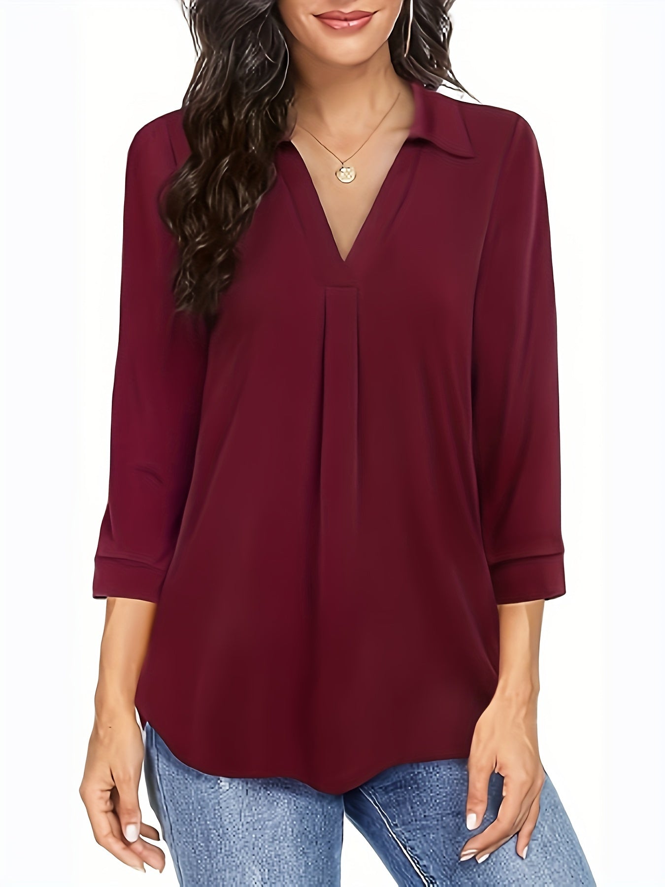 Plus Size Solid Color V Neck Blouse for Spring Fall Casual Woven Polyester