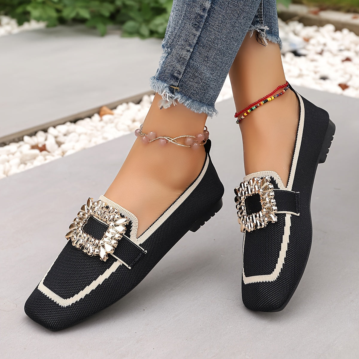 Women's Casual Square Toe Flats Breathable Fabric Slip-On Shoes