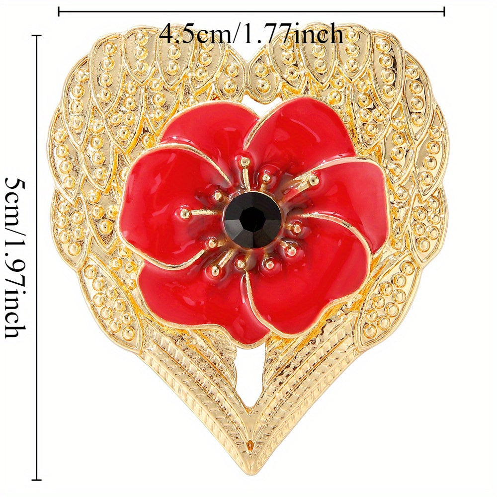 Enamel Heart-Shaped Poppies Brooch with Unique Accents for Women