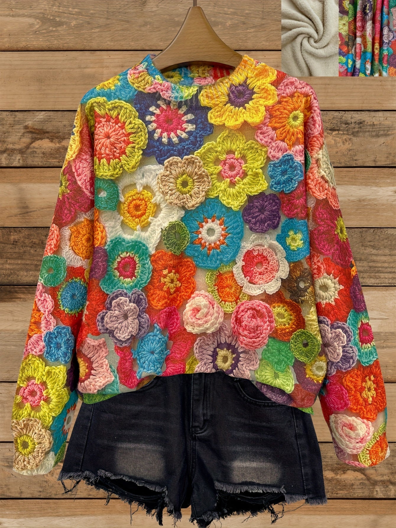 Women's Plus Size Knit Sweater Long Sleeve Crew Neck Floral Print Warm Top