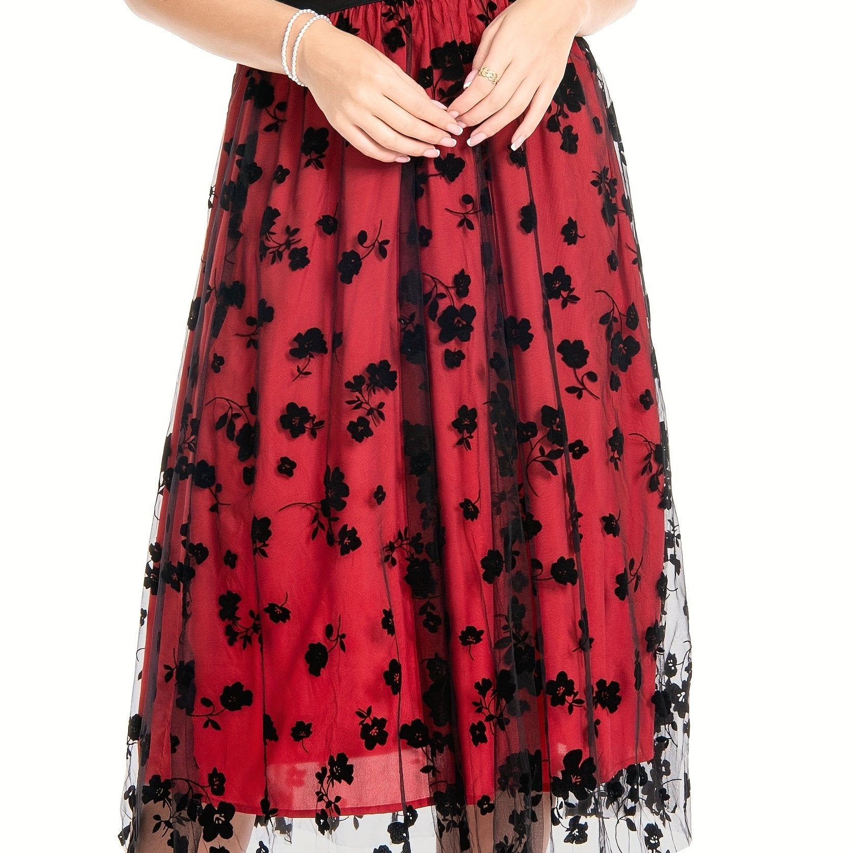 Women's Tulle Skirt with Embroidered Floral Print Regular Length A-Line Casual Style