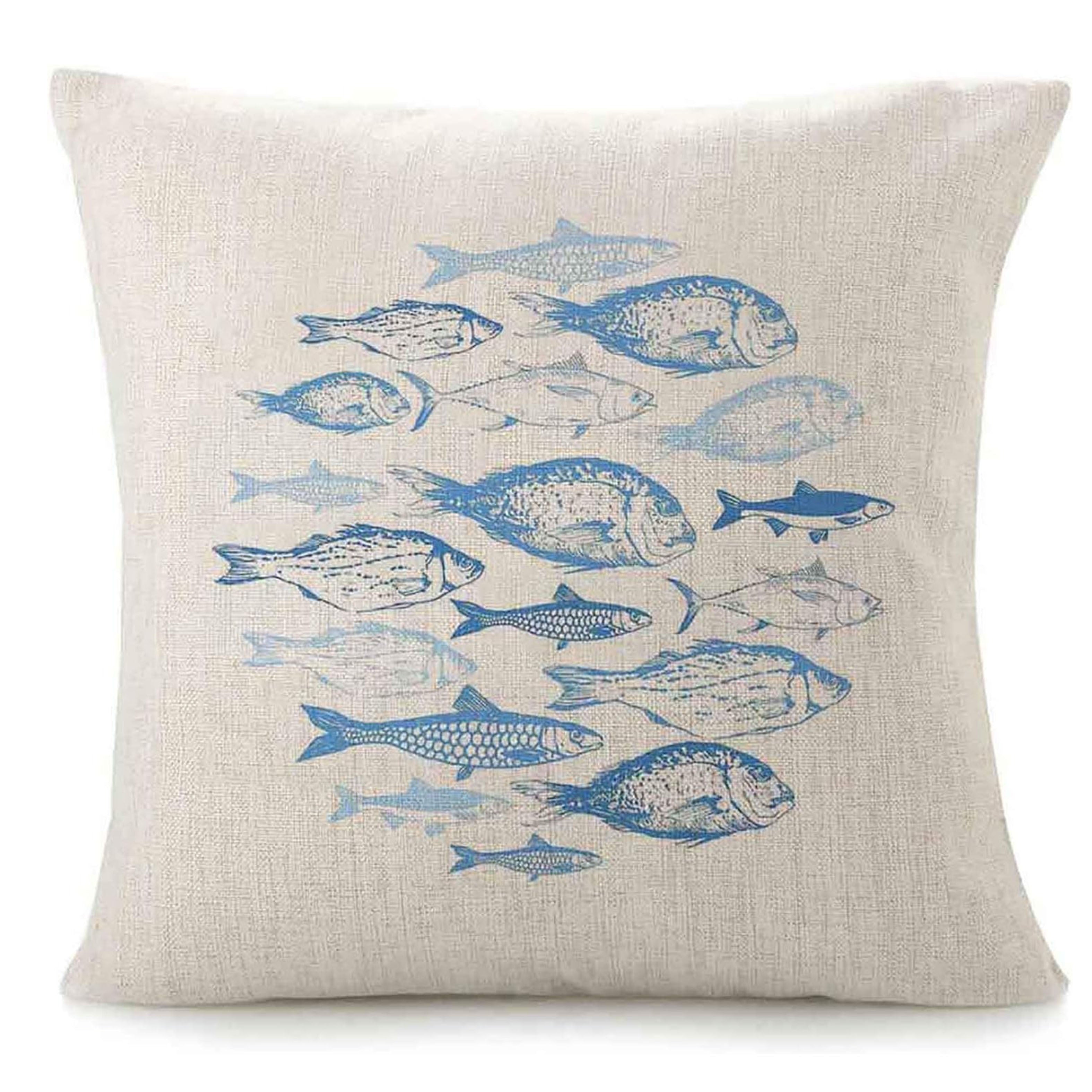 Blue Fish Sketch Linen Pillowcase Single-Sided Zip Closure for Sofa Bed Decor