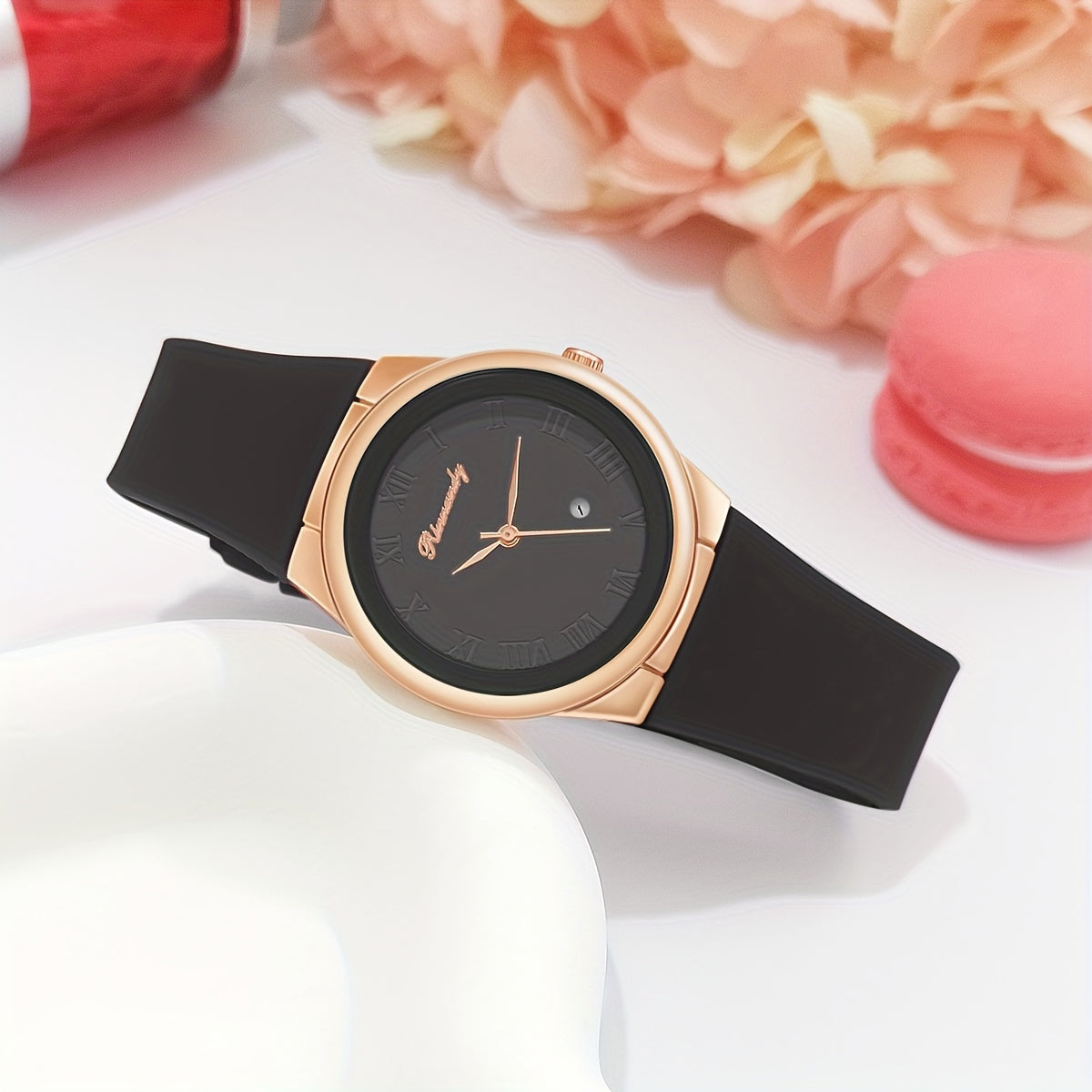 Women Quartz Watch with Silicone Band and Analog Calendar