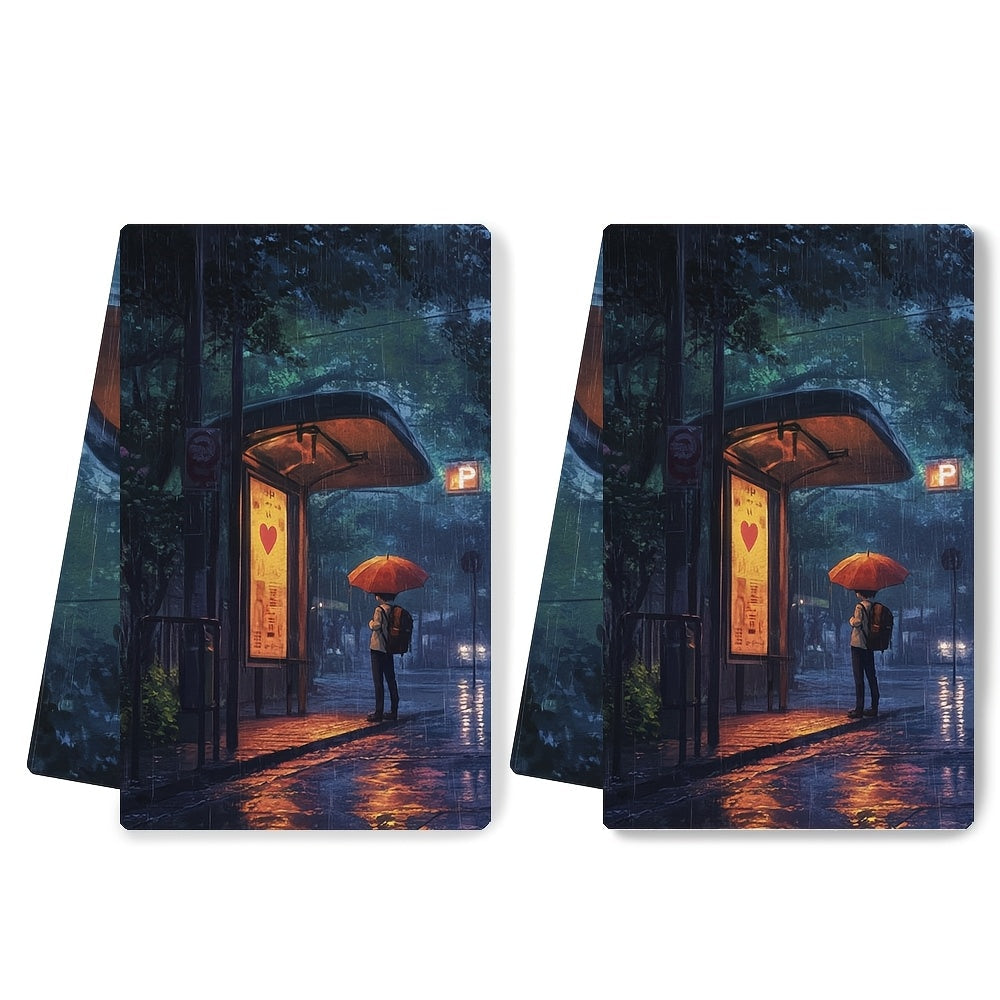 Set of 2 Ultra Soft Kitchen Towels Anime Boy with Heart Umbrella 16x24 Inches