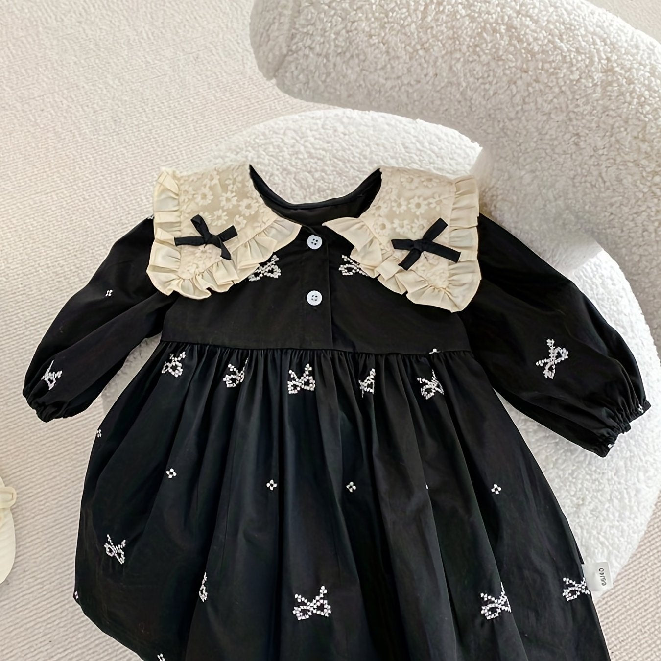 Girls Floral Print Black Cotton Dress with Butterfly Bow and Ruffled Collar for Spring Outdoor Activities