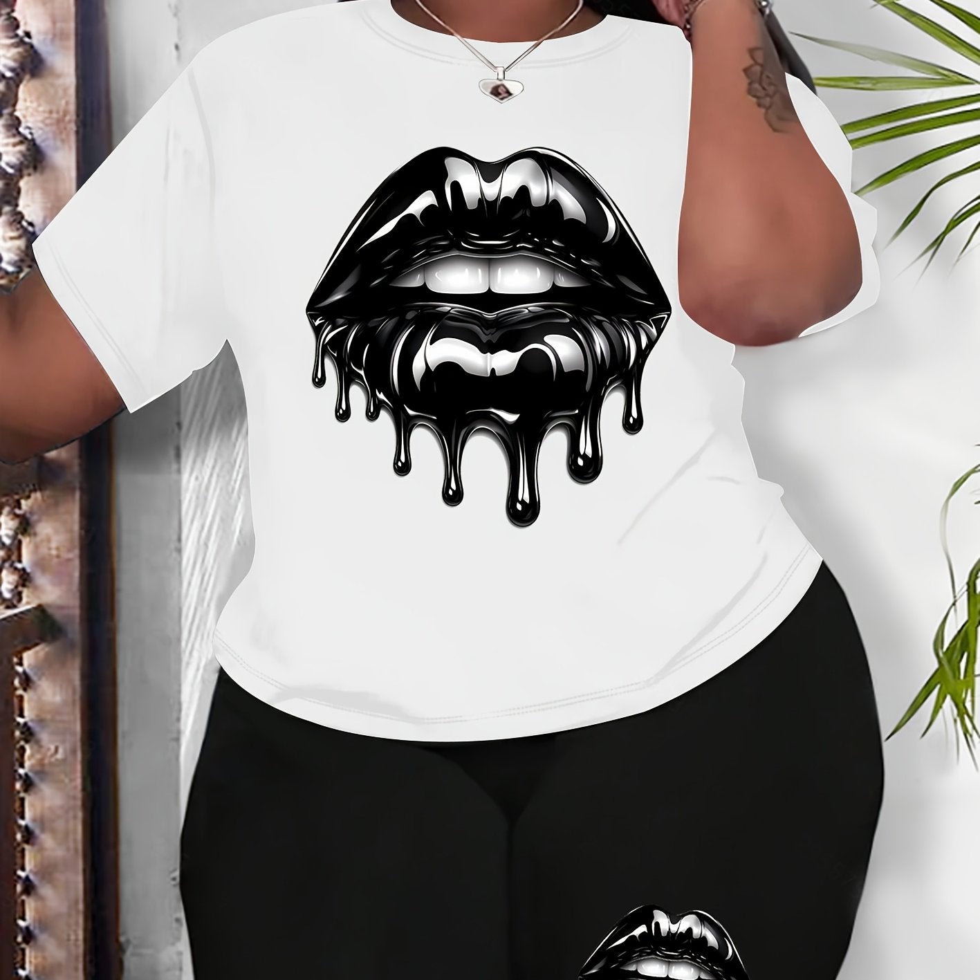 Plus Size Women's Sportswear Set Black Lip Print Short Sleeve Top High-Waisted Shorts