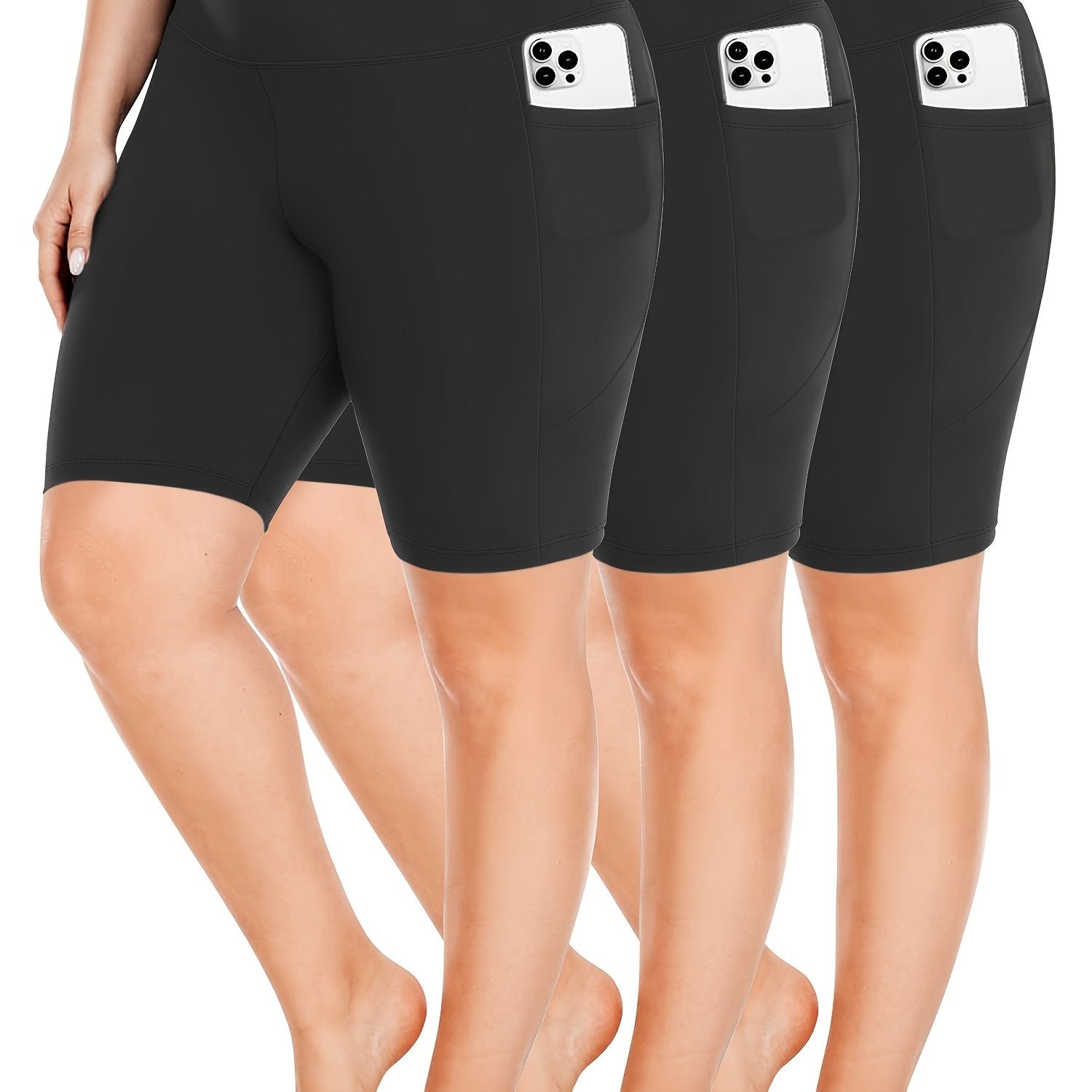 Plus Size High-Waisted Yoga Shorts Set with Pockets and Crescent Design