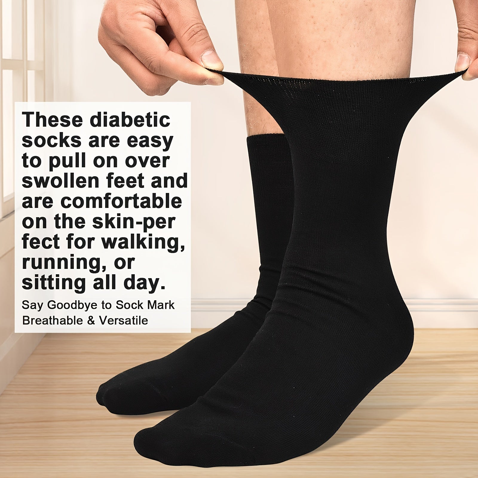 Men's Diabetic Socks Breathable Knit Moisture-Wicking Cotton Blend Stretchy Fit Solid Color Pack of 6