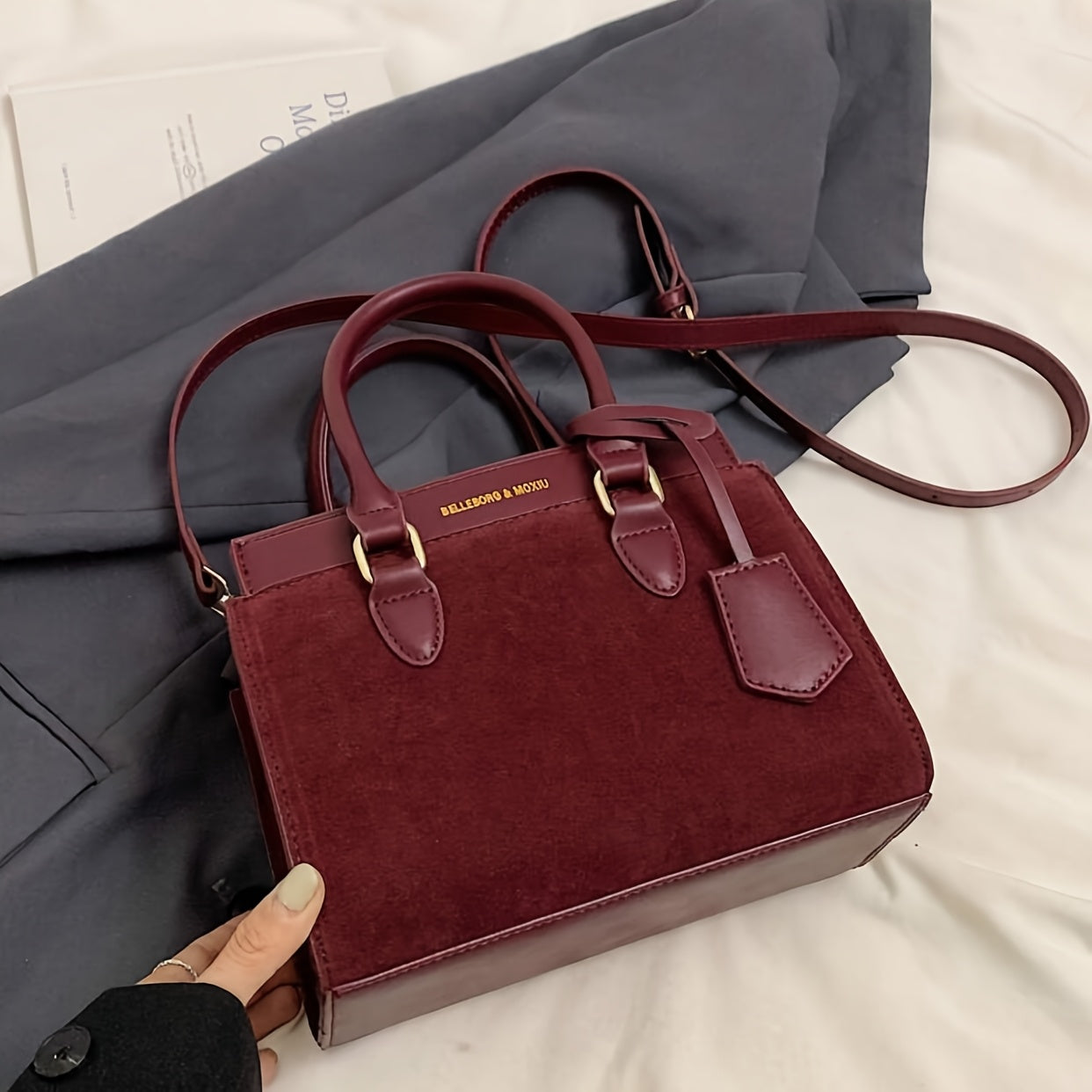 Women’s Burgundy Tote Bag with Gold Hardware and Zipper Closure